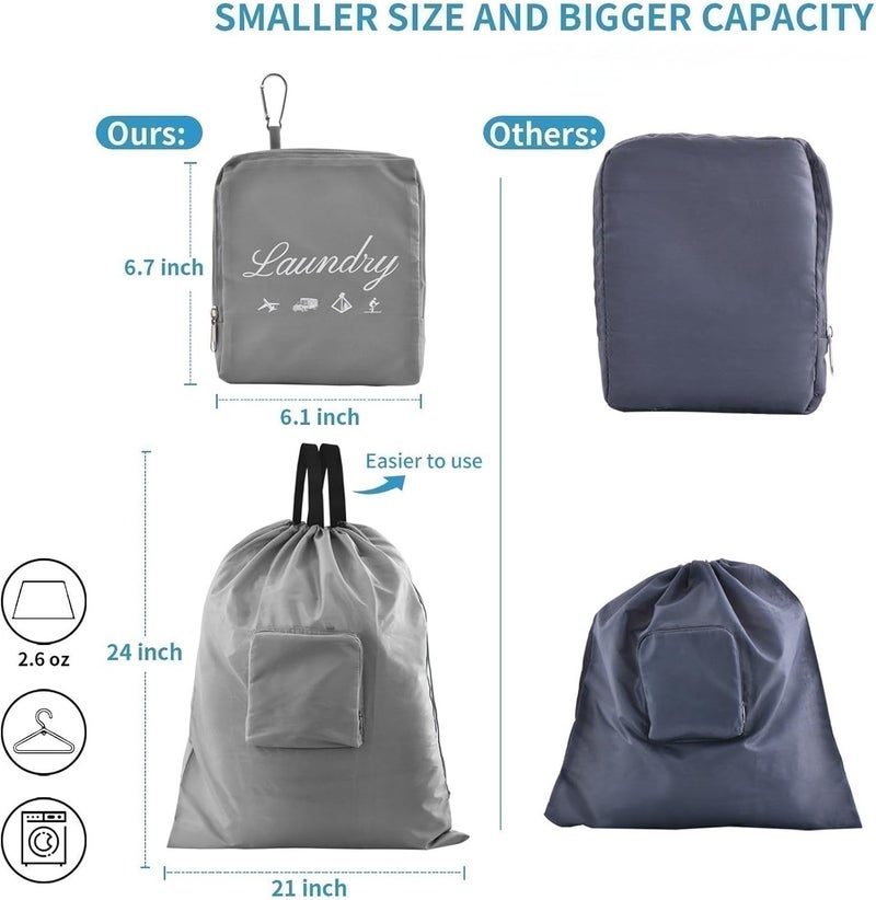 JHX 2 Pcs Travel Laundry Bags, Dirty Clothes Organizer【Upgraded】with Handles and Aluminum Carabiner, Collapsible Laundry Bag for Travel, Camp, Fitness, and Students（Grey） 24"L x 21"W - Image 2